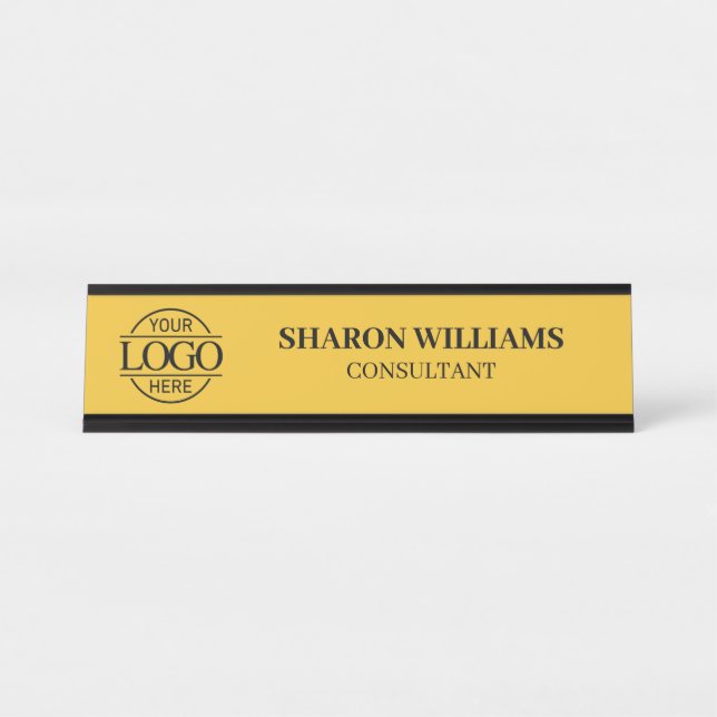 Placa De Mesa Logotipo Personalizado Simples | Amarelo Elegante  (Frente)