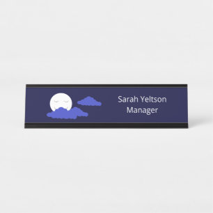 Placa De Mesa Lua cheia sorridente com nuvens: Azul escuro