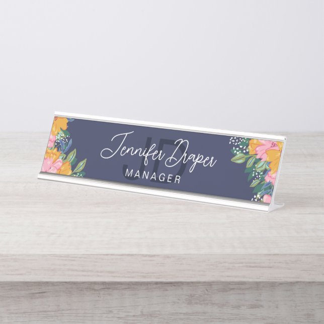 Placa De Mesa Lush Pink Yellow Flowers Name & Initials (Frente)