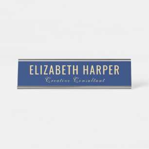 Placa De Mesa Luxo Azul Marinho e Dourado Executivo Profissional