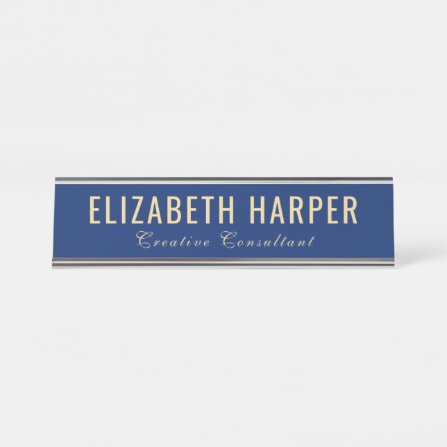 Placa De Mesa Luxo Azul Marinho e Dourado Executivo Profissional (Frente)