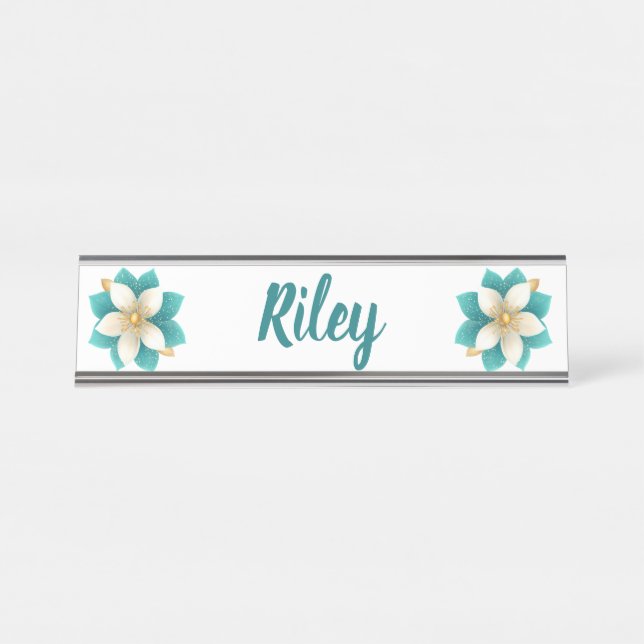 Placa De Mesa Luxurioso Teal Ivory Floral Name (Frente)