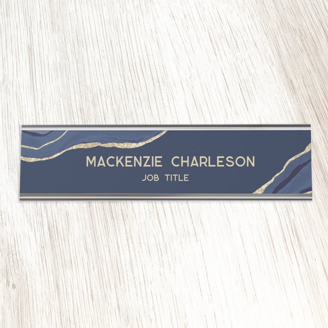 Placa De Mesa Marinho Blue Marble Agate Dourado Glitter Professi (Navy blue agate marble gold professional elegant business name plate)