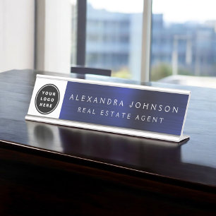 Placa De Mesa Marinho moderno azul e branco com logotipo, nome,