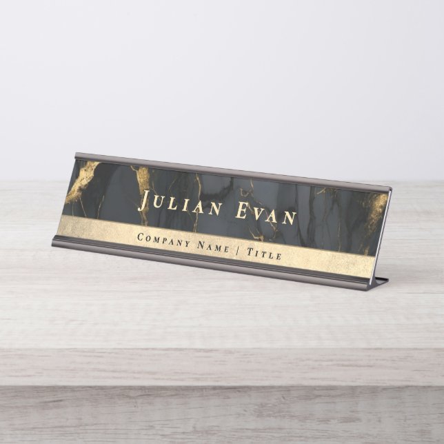 Placa De Mesa Mármore Ágata Preto Luxo Dourado Brilhante (Frente)