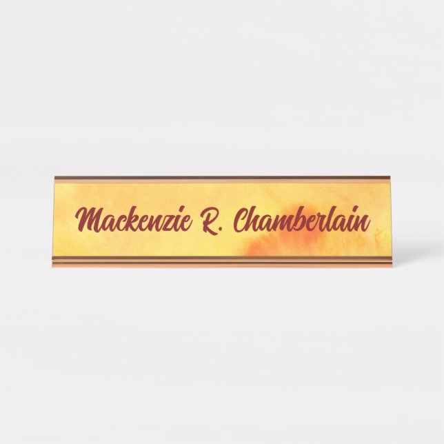 Placa De Mesa Mármore Amarelo Abstrato com Nome em Script (Frente)