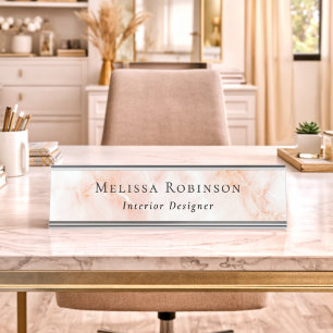 Placa De Mesa Mármore Branco e Pêssego Nome Simples Profissional