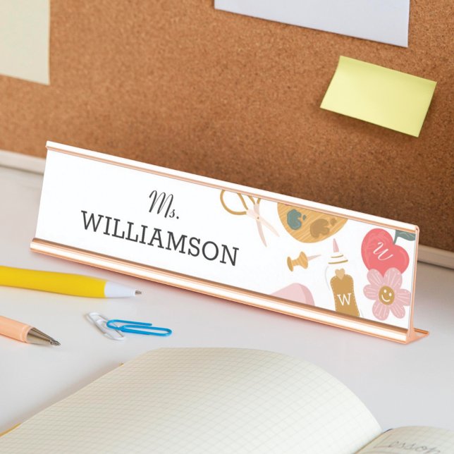 Placa De Mesa Material Escolar de Professores Brancos Personaliz (School Teacher School Supplies Personalized White Desk Name Plate)