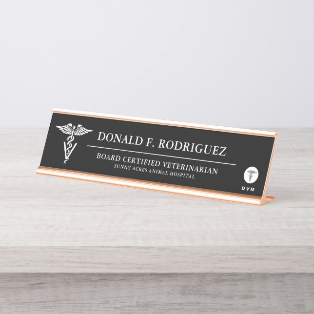 Placa De Mesa Medicina Veterinária Preto Personalizado (Frente)