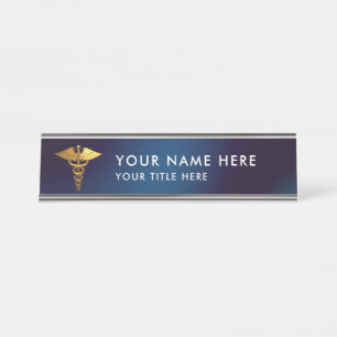 Placa De Mesa Médico Caduceu Elegante Naval Dourado