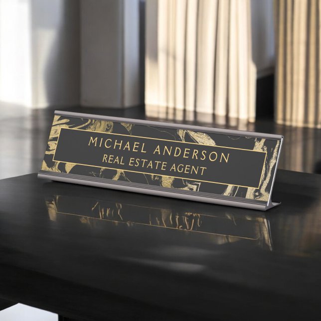 Placa De Mesa Mínimo Personalizado de Pedra Dourada Negra Modern (Criador carregado)