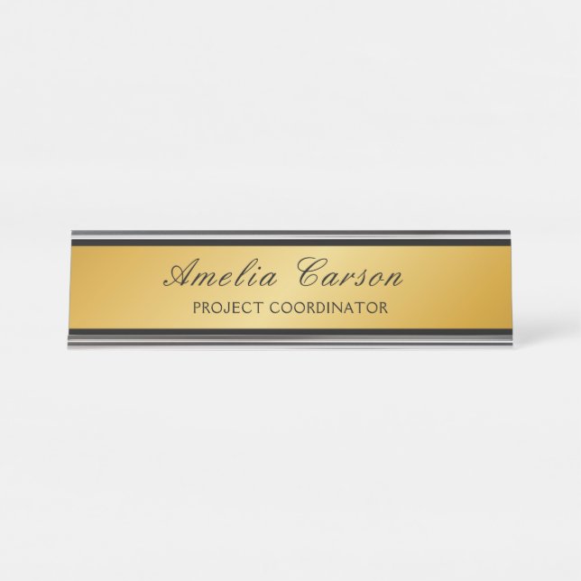 Placa De Mesa Modern Glassy Gold & Black- Add Logo, Name, Title (Frente)