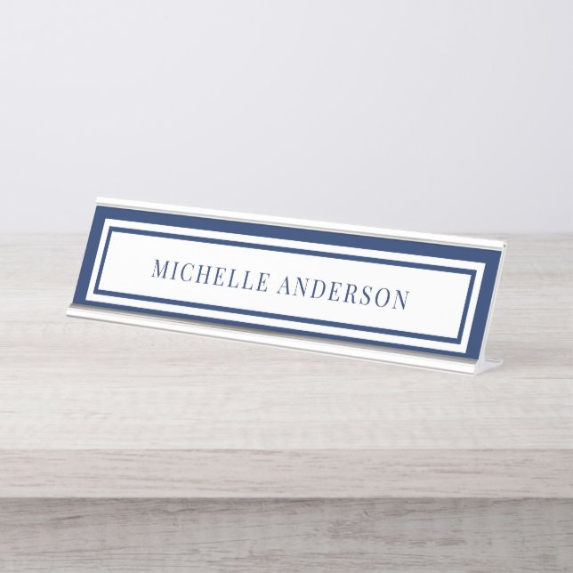 Placa De Mesa Modern Navy Blue Chic Double Boarder Elegant  (Frente)