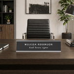 Placa De Mesa Modern Professional Black and White Simple Minimal<br><div class="desc">Create a strong and polished workspace presence with this Modern Professional Black and White Simple Minimal Desk Name Plate. Designed with a sleek black background and crisp white typography, this piece delivers a clean, minimalist aesthetic that feels modern, classy, and highly professional. Your personalized name and job title stand out...</div>