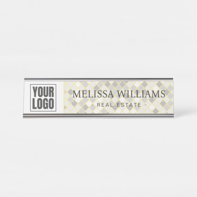 Placa De Mesa Modern Yellow & Gray Geometric Desk Name Plate (Frente)