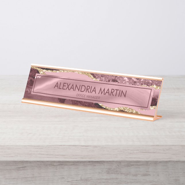 Placa De Mesa Moderno Borgonha Rosa Dourada Glitter Agato de Már (Frente)
