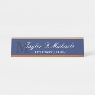 Placa De Mesa Monograma Azul Elegante e Nome do Suporte Técnico