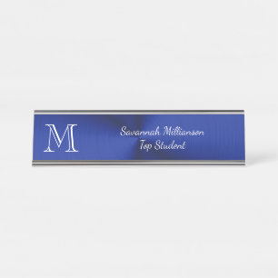 Placa De Mesa Monograma de Estudantes de Metal Faux Azul Elegant