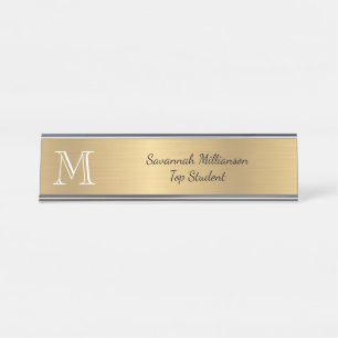 Placa De Mesa Monograma de Estudantes de Metal Faux Dourado Eleg