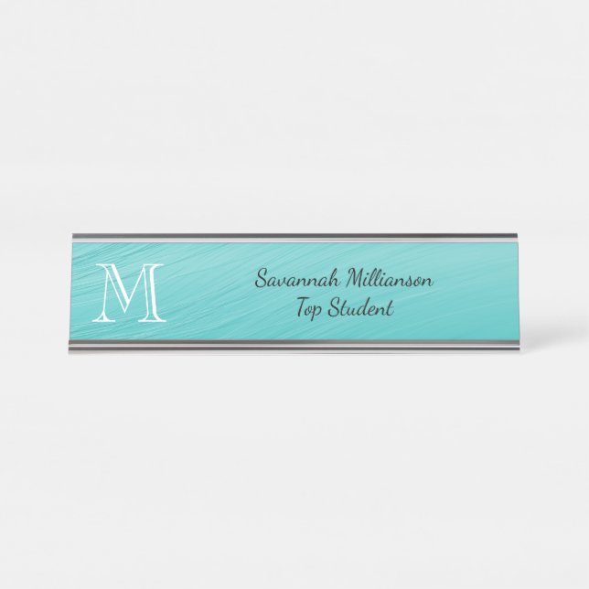 Placa De Mesa Monograma de Estudantes de Metal Faux Teal Elegant (Frente)