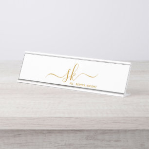 Placa De Mesa Monograma Dourado Caligrafia Moderna Personalizada