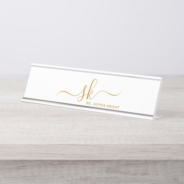 Placa De Mesa Monograma Dourado Caligrafia Moderna Personalizada (Frente)