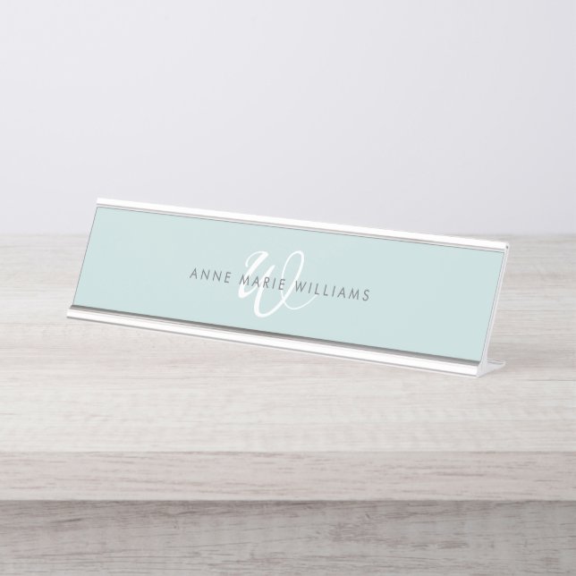 Placa De Mesa Monograma Moderna em Escrita Teal Branco (Frente)