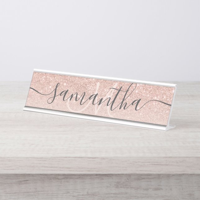 Placa De Mesa Monograma moderno de blush ombre rosa (Frente)