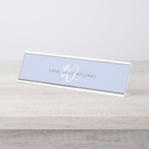 Placa De Mesa Monograma Moderno em Azul e Branco com Letra Inici