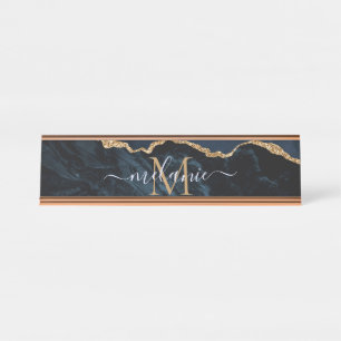 Placa De Mesa Monograma Nome Agate Marinho Azul Gemstone Marble 