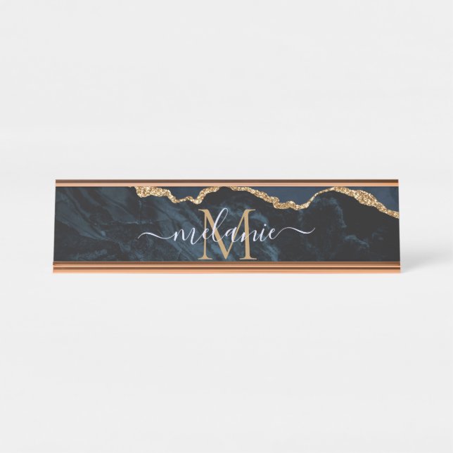 Placa De Mesa Monograma Nome Agate Marinho Azul Gemstone Marble  (Frente)