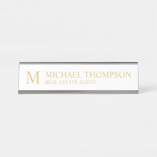 Placa De Mesa Monograma profissional branco e Dourado
