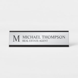 Placa De Mesa Monograma profissional preto e prata