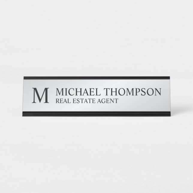 Placa De Mesa Monograma profissional preto e prata (Frente)