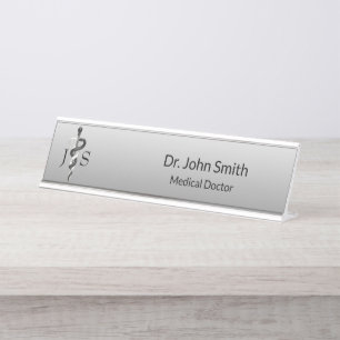 Placa De Mesa Noble Medical Elegant Black White Asclepius