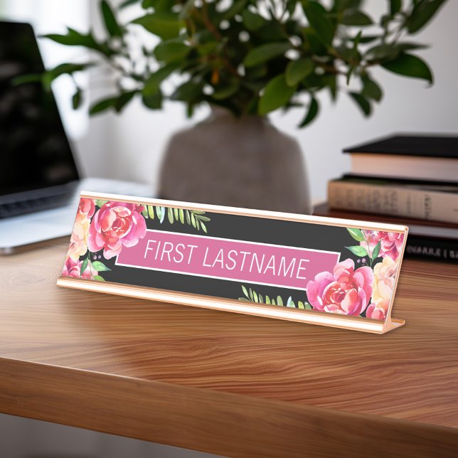 Placa De Mesa Nome da Caligrafia das Flores de Aquarela Pintadas (Personalized Desk Sign with Name and Title - Custom Executive Name Plate)