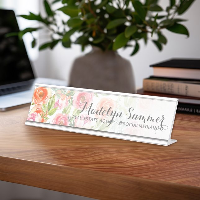 Placa De Mesa Nome da Caligrafia das Flores de Aquarela Pintadas (Personalized Desk Sign with Name and Title - Custom Executive Name Plate)