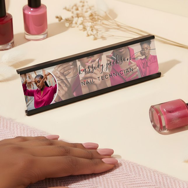 Placa De Mesa Nome da Caligrafia de Script de Colagem de Fotos M (White Modern Photo Collage Script Calligraphy Name Desk Name Plate)