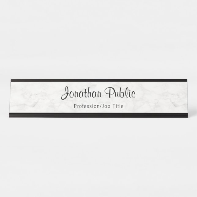 Placa De Mesa Nome de manuscrito elegante Script White Marble (Frente)