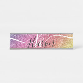 Placa De Mesa Nome do Monograma do Rainbow Glitter