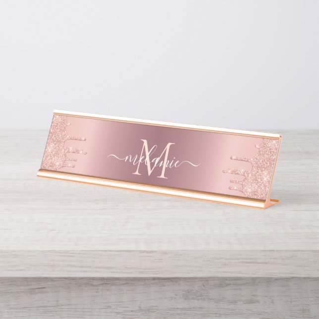 Placa De Mesa Nome do Monograma Rosa de Texto Blush Glitter Spar (Frente)