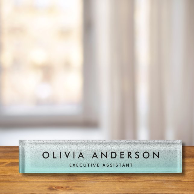 Placa De Mesa Nome do Ombre verde-brilhante azul-verde-prateado (Aqua Silver Glitter Desk Name Plate)