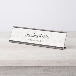 Placa De Mesa Nome Manuscrito Script White Marble Modern
