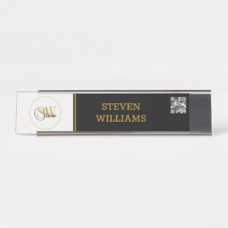 Placa De Mesa Nome Monograma e Assinatura Moderna / Código QR