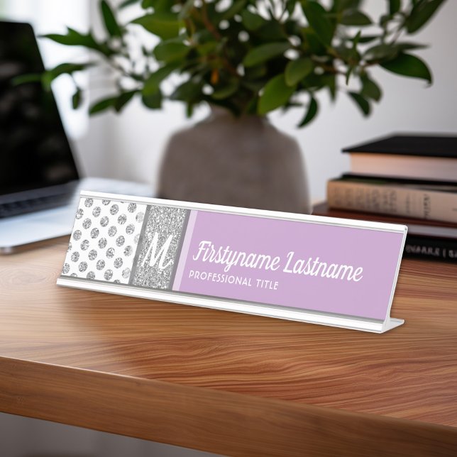 Placa De Mesa O monograma da Bolinhas de brilho prateado pode mu (Personalized Name Plate with Custom Name)