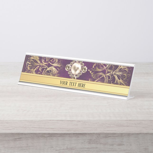 Placa De Mesa Ornamentado Purple Vintage Dourado (Frente)