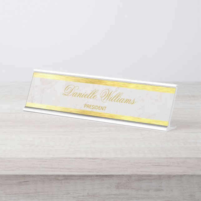 Placa De Mesa Ouro de Caligrafia Elegante Marble Dourado Faux Br (Frente)