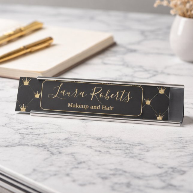 Placa De Mesa Padrão de Coroa de Luxo Preto Mínimo Dourado (Criador carregado)