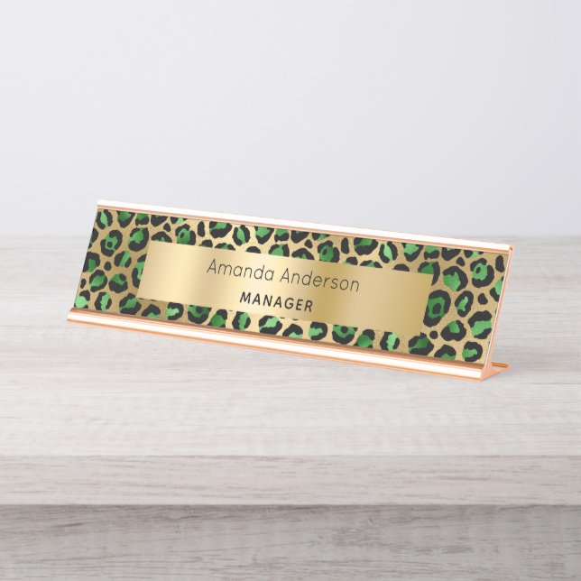 Placa De Mesa Padrão de leopardo em ouro verde esmeralda (Frente)
