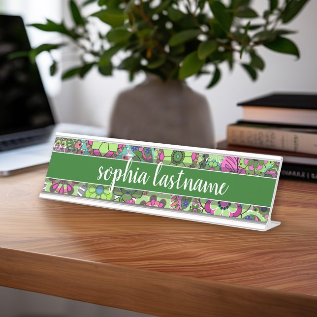 Placa De Mesa Padrão Floral Verde Funky Assinatura Manuscrita (Fun Custom Name Plate - Desk Sign with Name or other text)